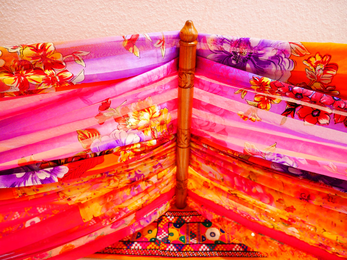 Boho Bliss: Custom Saree Canopy with Handcrafted Walnut Wood Wall Holders