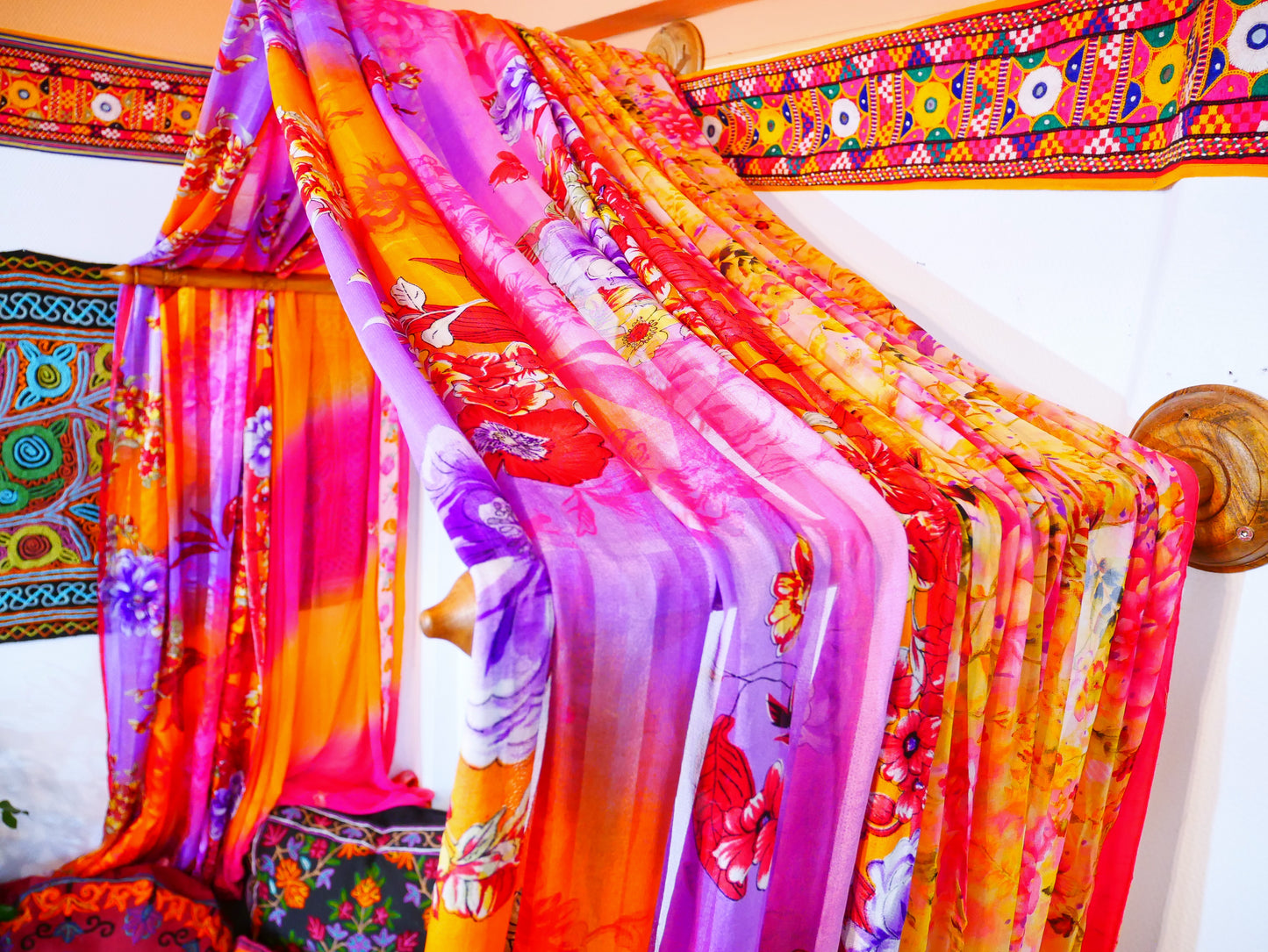 Boho Bliss: Custom Saree Canopy with Handcrafted Walnut Wood Wall Holders