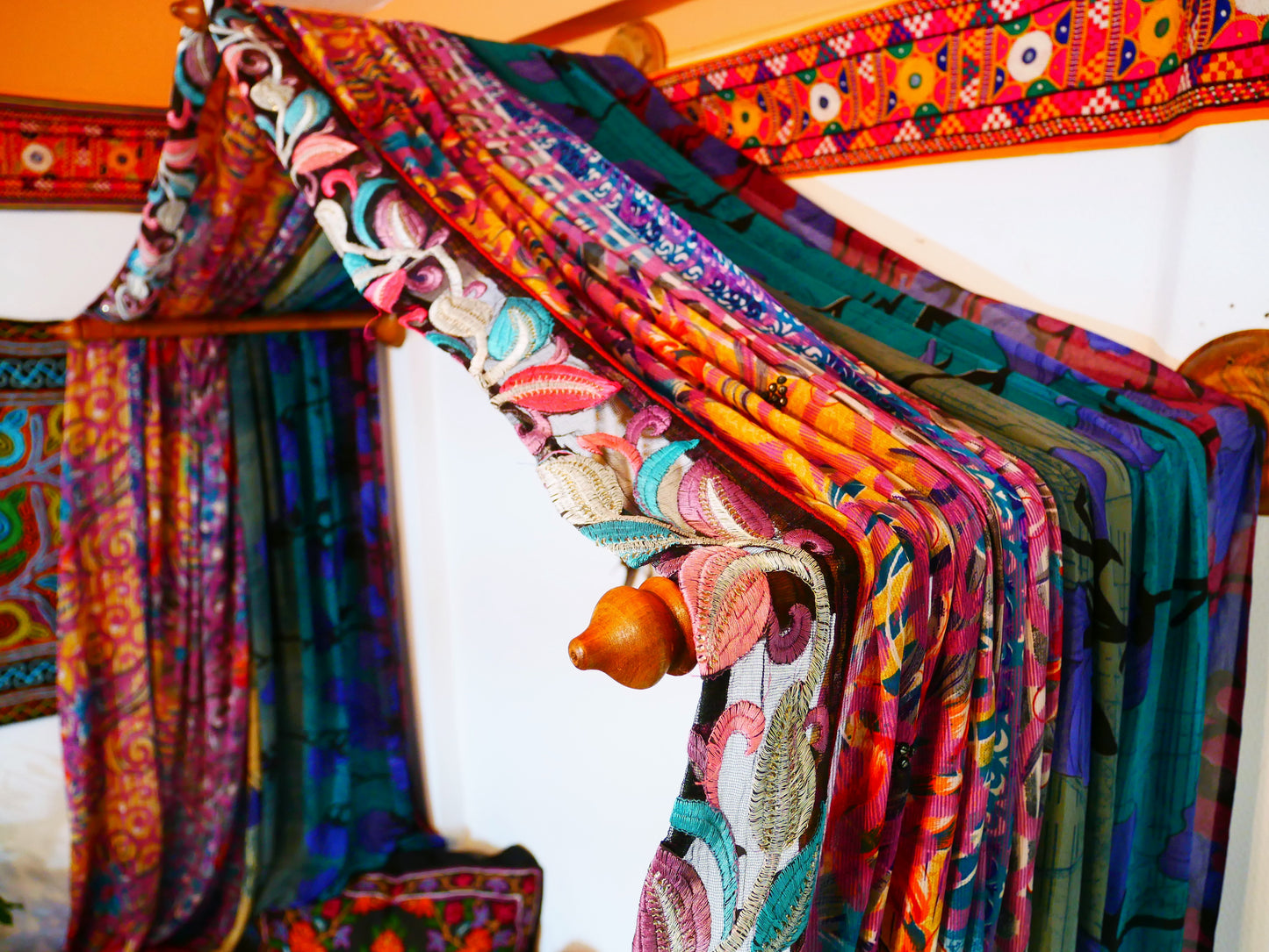 Saree Bed canopy - with handcrafted walnut wood rods and vintage Indian sarees