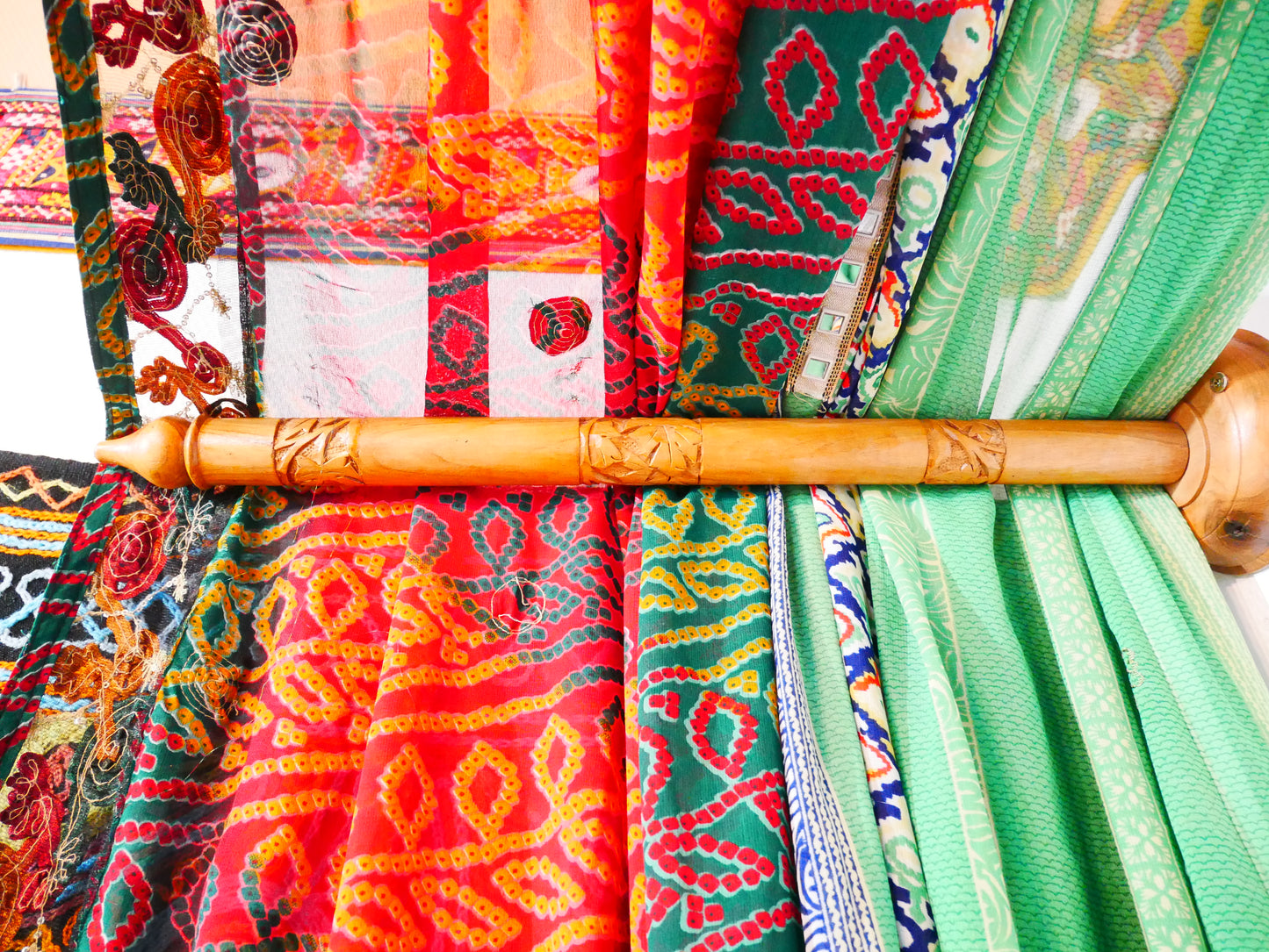 Saree Bed canopy - with handcrafted walnut wood rods and vintage Indian sarees