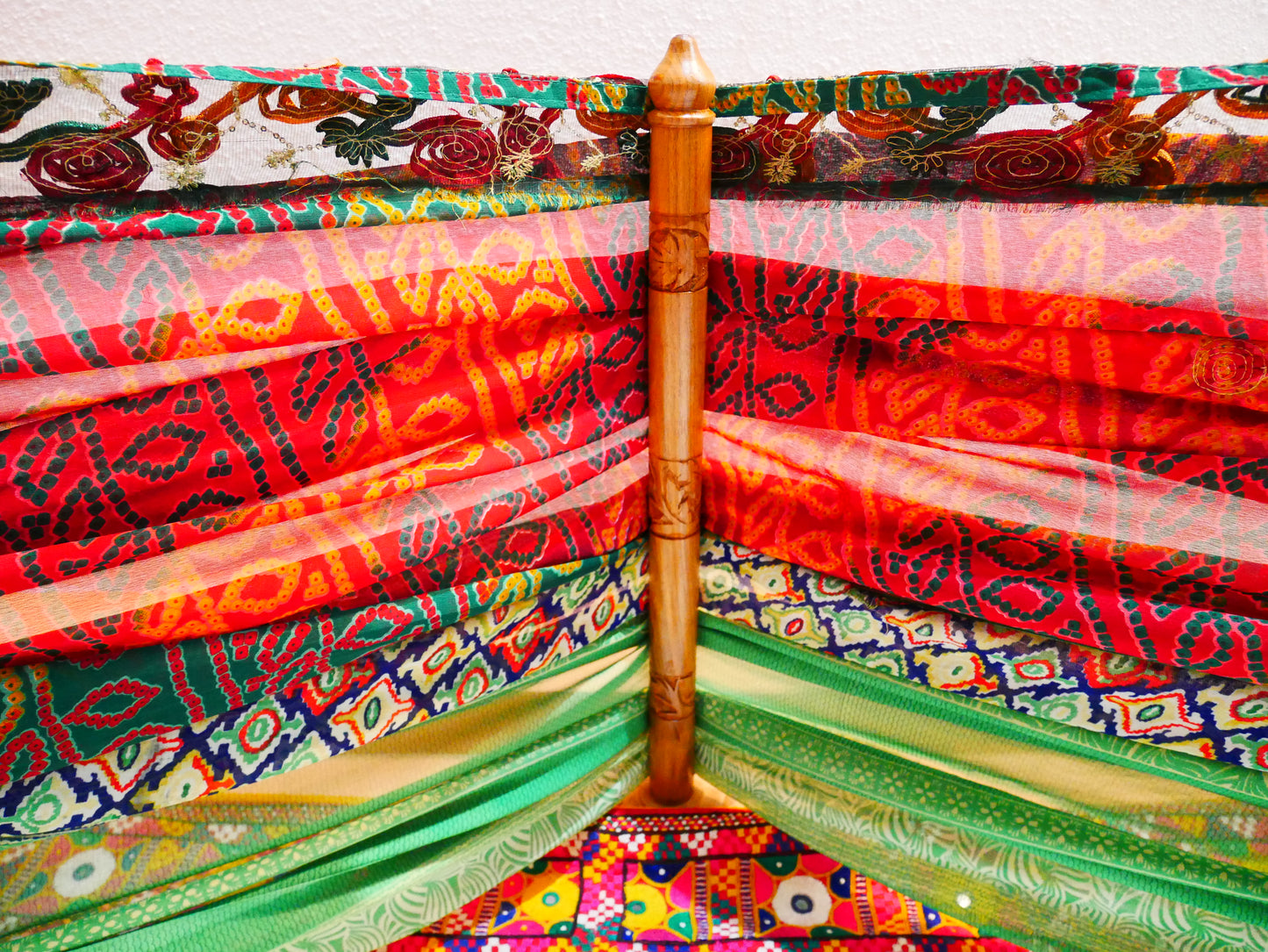 Saree Bed canopy - with handcrafted walnut wood rods and vintage Indian sarees