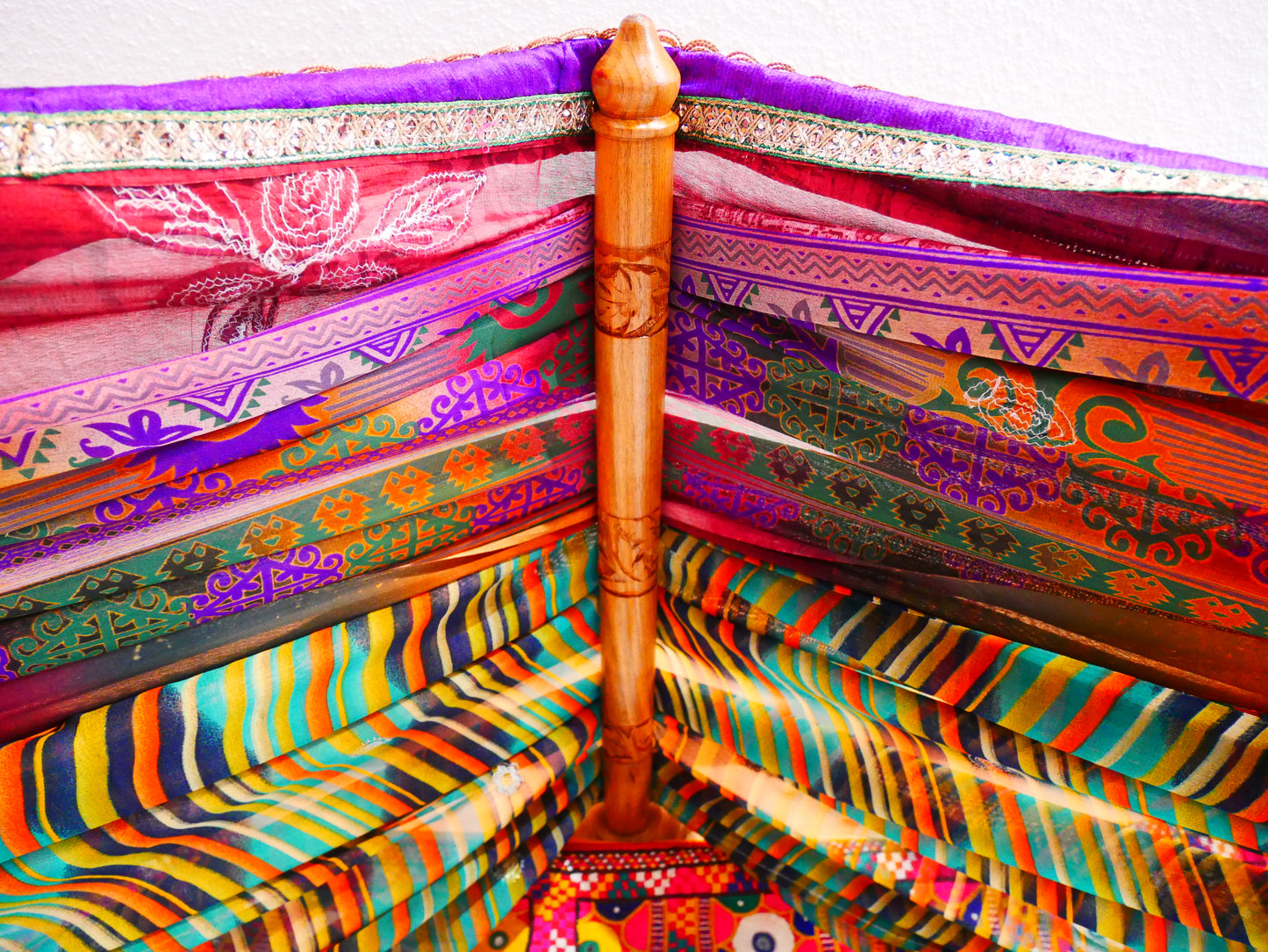 Colorful bed canopy - custom made saree canopy frame with handcrafted walnut wood rods | bed curtains - meditation space