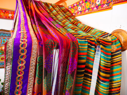 Colorful bed canopy - custom made saree canopy frame with handcrafted walnut wood rods | bed curtains - meditation space