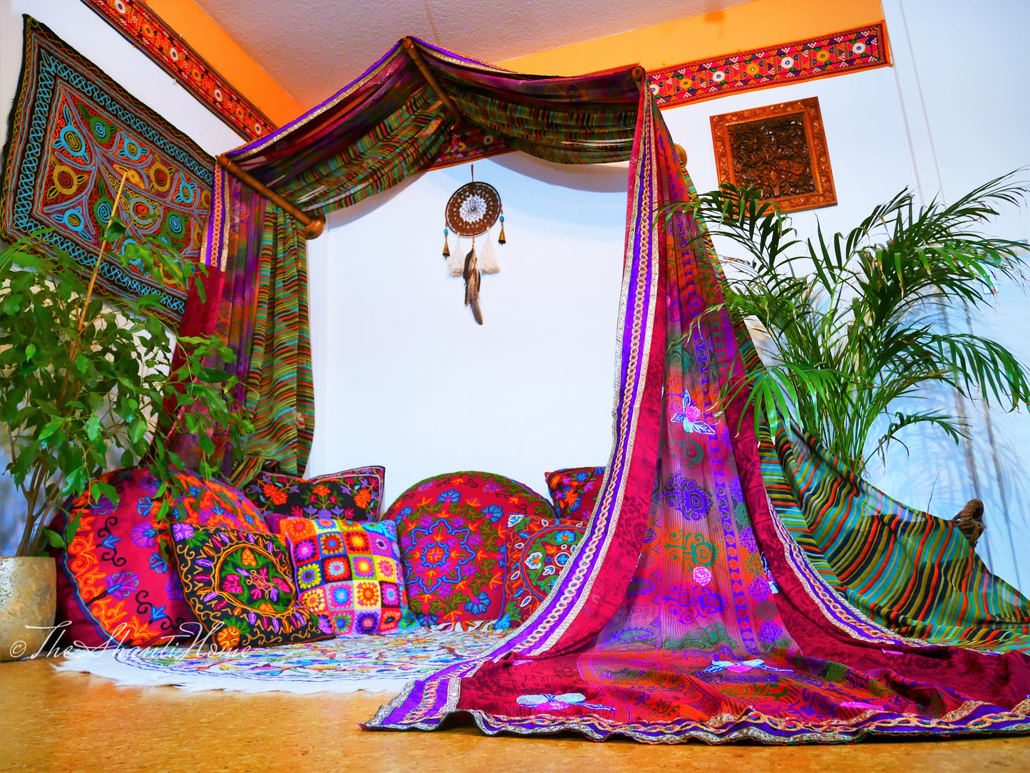 Colorful bed canopy - custom made saree canopy frame with handcrafted walnut wood rods | bed curtains - meditation space