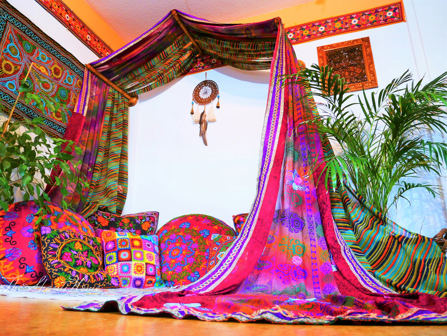 Colorful bed canopy - custom made saree canopy frame with handcrafted walnut wood rods | bed curtains - meditation space