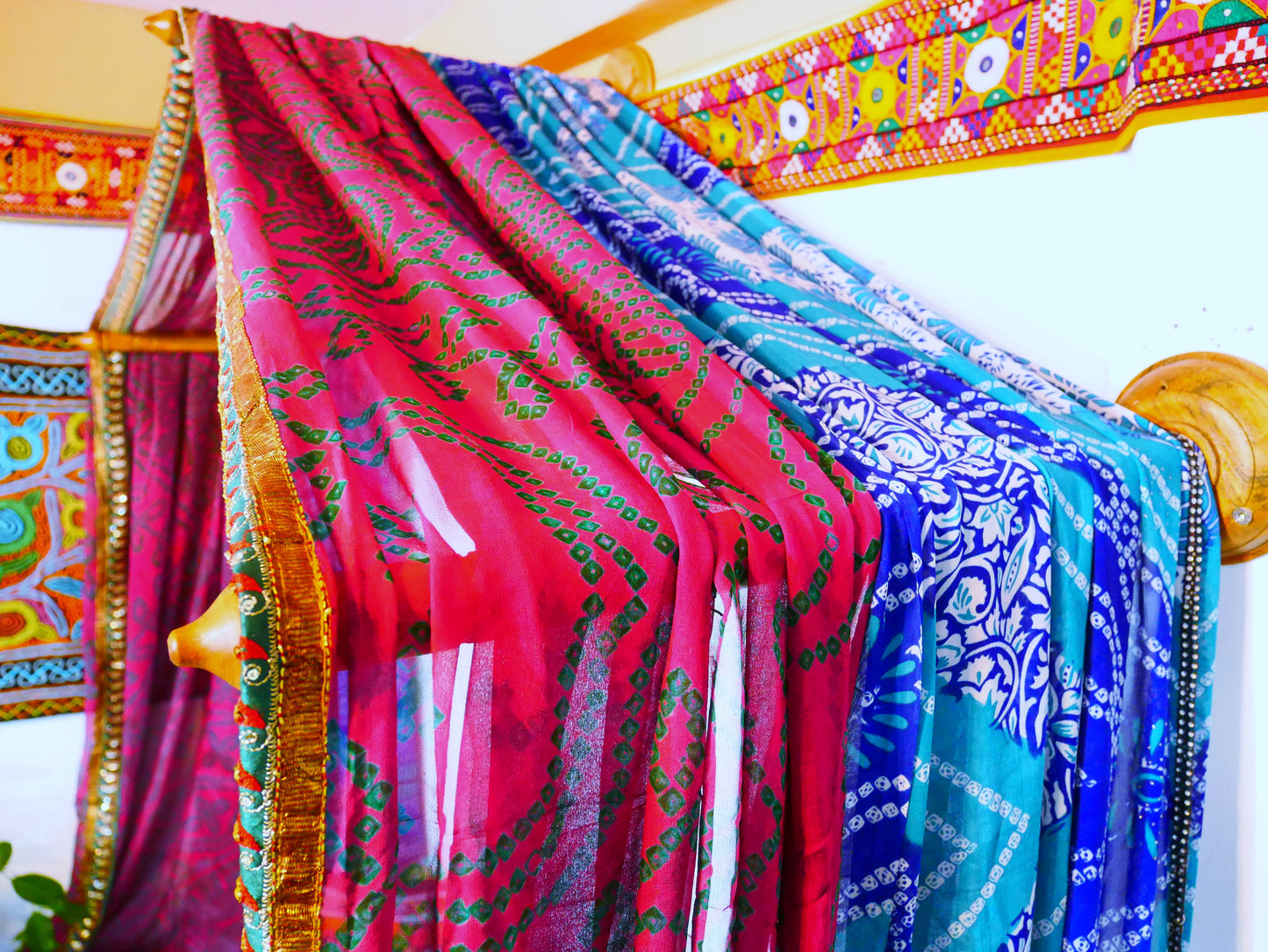 Boho bed canopy - custom made saree canopy frame with handcrafted walnut wood rods | bed curtains - meditation space - The Shanti Home