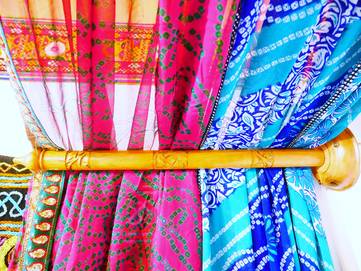 Boho bed canopy - custom made saree canopy frame with handcrafted walnut wood rods | bed curtains - meditation space