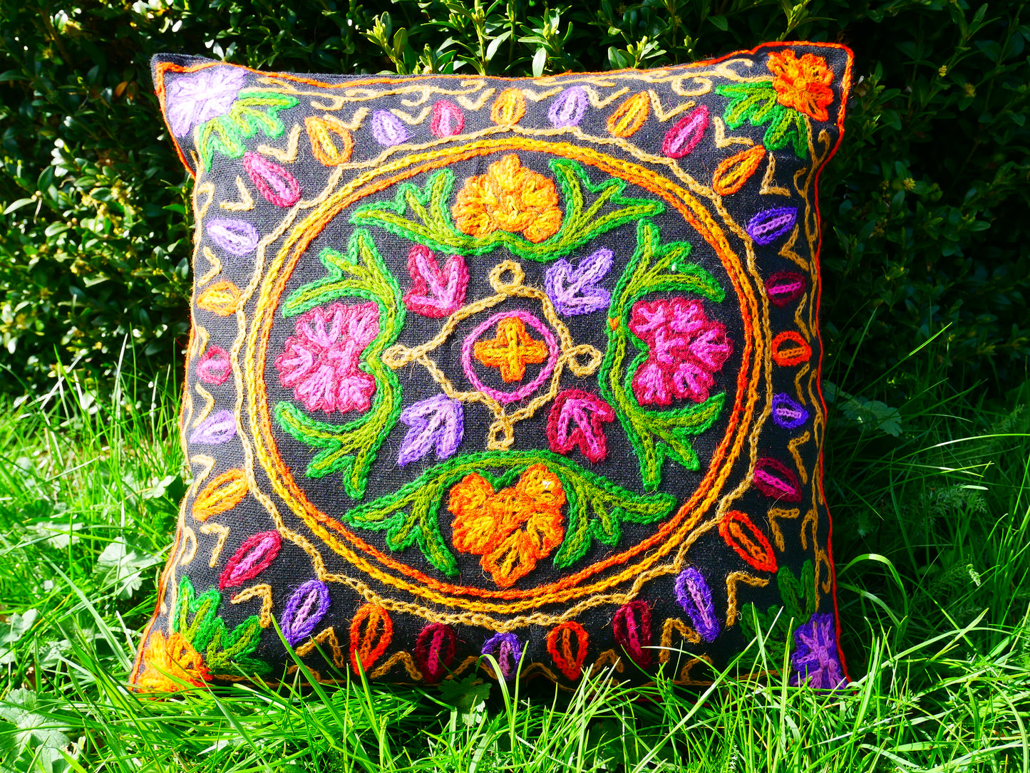 Colorful Kashmiri Crewel Pillow Covers: Handcrafted by Artisans  16x16 inches - The Shanti Home