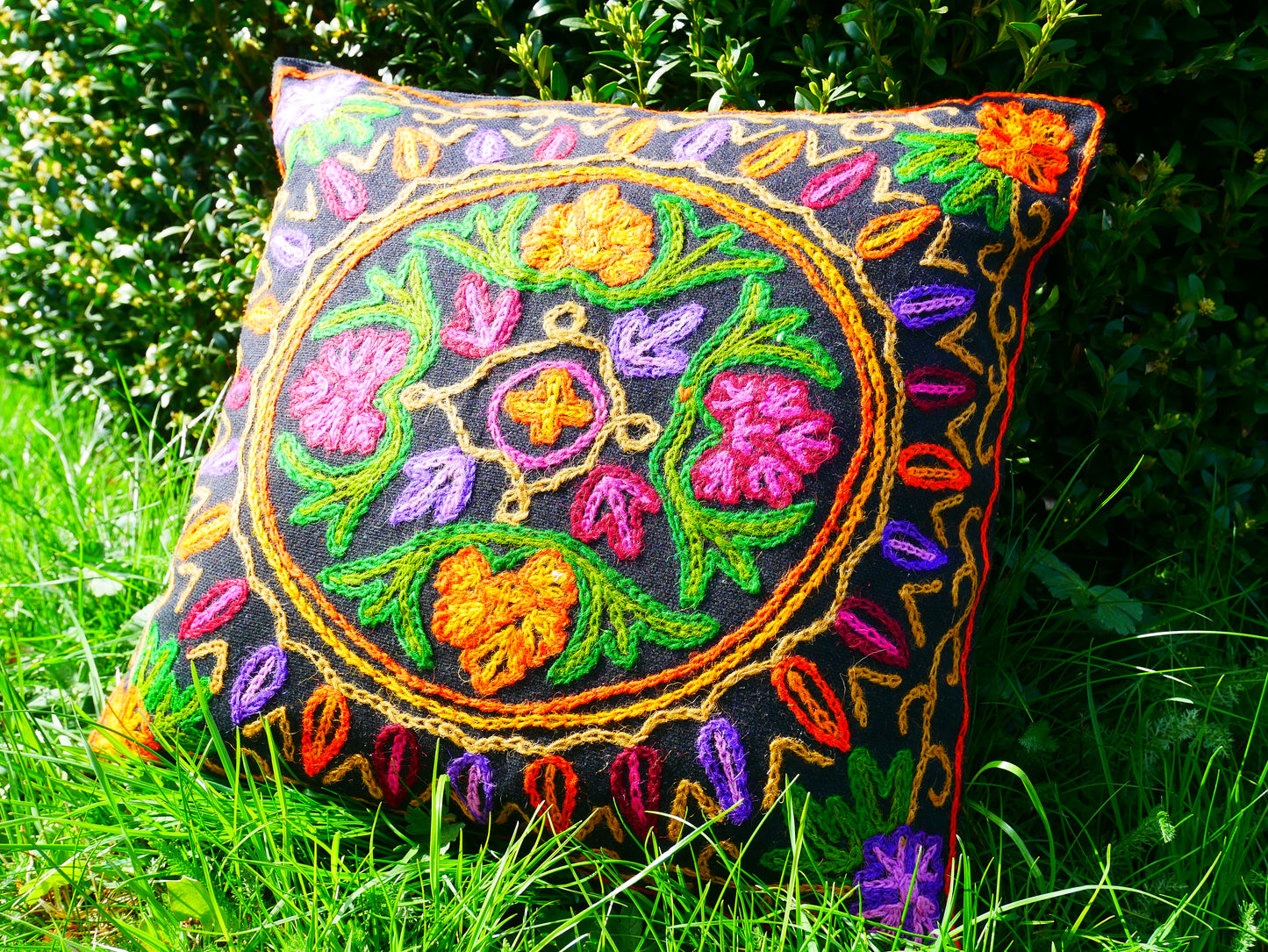 Colorful Kashmiri Crewel Pillow Covers: Handcrafted by Artisans  16x16 inches - The Shanti Home