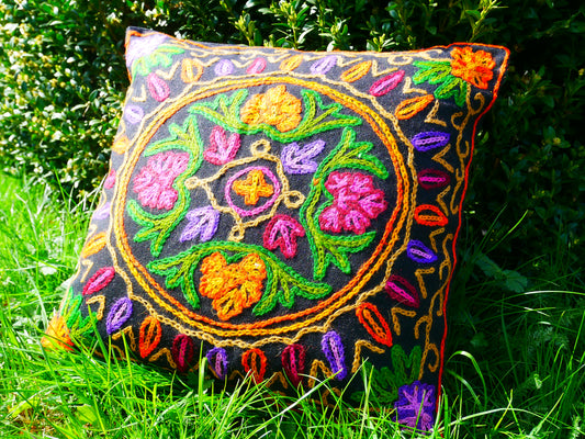 Colorful Kashmiri Crewel Pillow Covers: Handcrafted by Artisans  16x16 inches