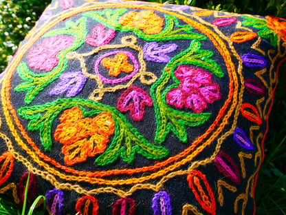 Colorful Kashmiri Crewel Pillow Covers: Handcrafted by Artisans  16x16 inches - The Shanti Home