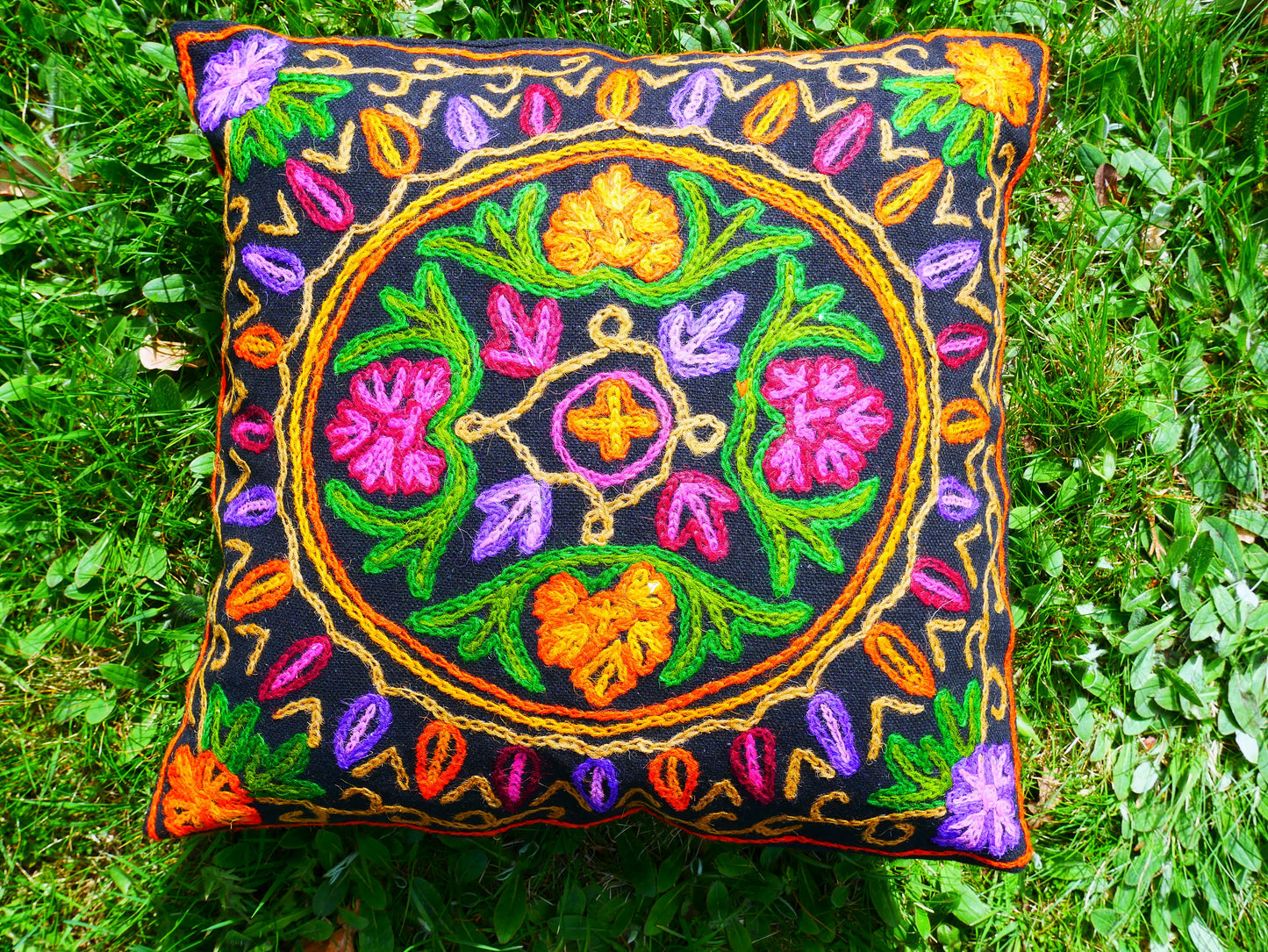 Colorful Kashmiri Crewel Pillow Covers: Handcrafted by Artisans  16x16 inches - The Shanti Home