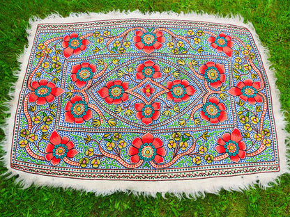 Felted wool rug "Himalayan flower" | colorful area rug "Namda" from Kashmir | floral embroidery on white 6x4 ' felt rug | bohemian - boho - The Shanti Home