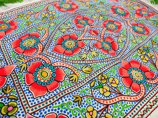 Felted wool rug "Himalayan flower" | colorful area rug "Namda" from Kashmir | floral embroidery on white 6x4 ' felt rug | bohemian - boho