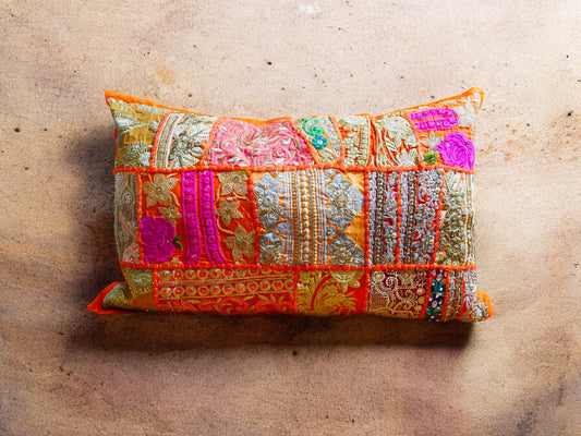 Orange throw pillow - Indian patchwork cushion cover hippie chic | colorful, decorative pillow case for bohemian decor | patchwork pillow hippie cushion COVER - The Shanti Home