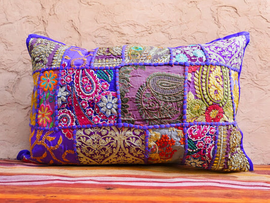 Purple throw pillow - Indian patchwork cushion cover hippie chic | colorful, decorative pillow case for bohemian decor | patchwork pillow hippie cushion COVER - The Shanti Home