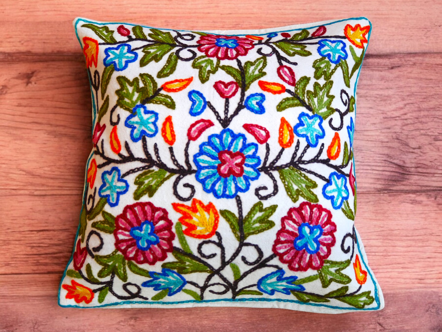 Colorful Kashmiri Crewel Pillow Covers: Handcrafted by Artisans  16x16 inches - The Shanti Home