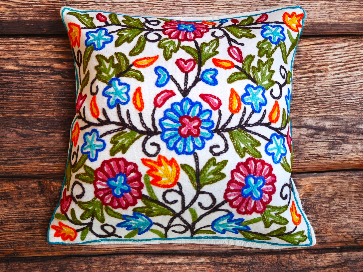 Colorful Kashmiri Crewel Pillow Covers: Handcrafted by Artisans  16x16 inches - The Shanti Home