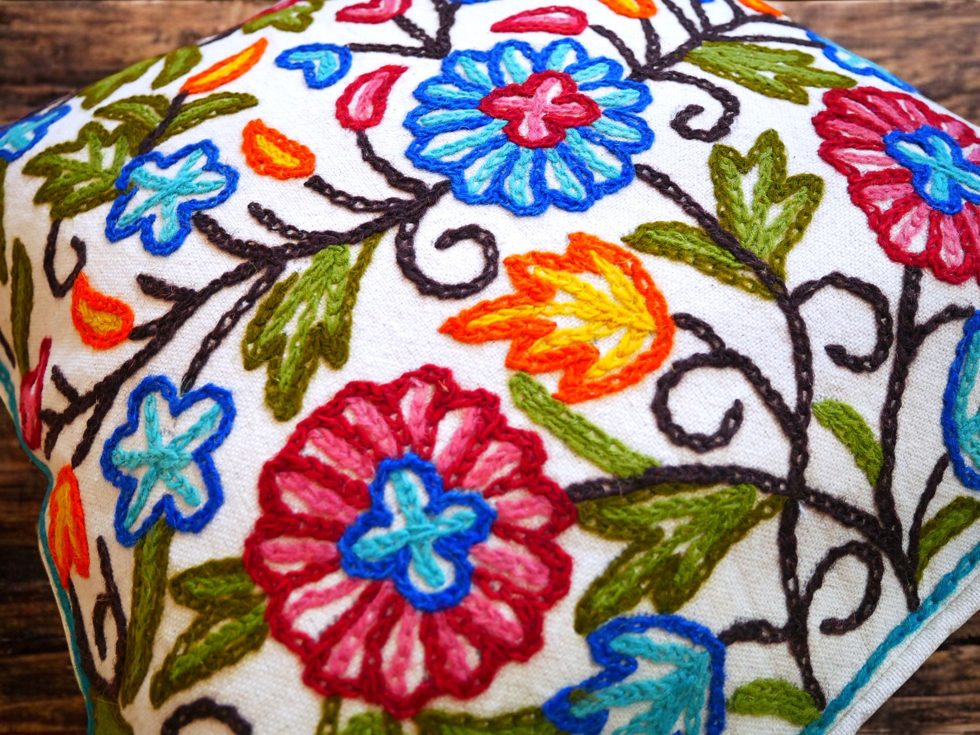 Colorful Kashmiri Crewel Pillow Covers: Handcrafted by Artisans  16x16 inches - The Shanti Home