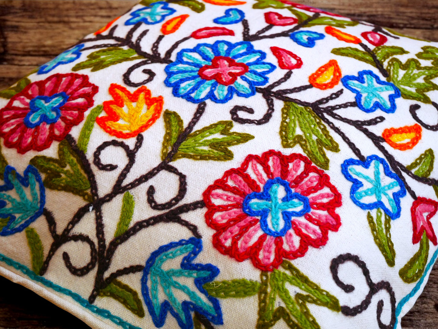 Colorful Kashmiri Crewel Pillow Covers: Handcrafted by Artisans  16x16 inches - The Shanti Home