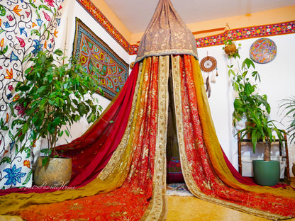 Boho canopy handmade Saree tent - bed canopy | bohemian wedding backdrop | Indian Hippie decor - floor seating area - The Shanti Home