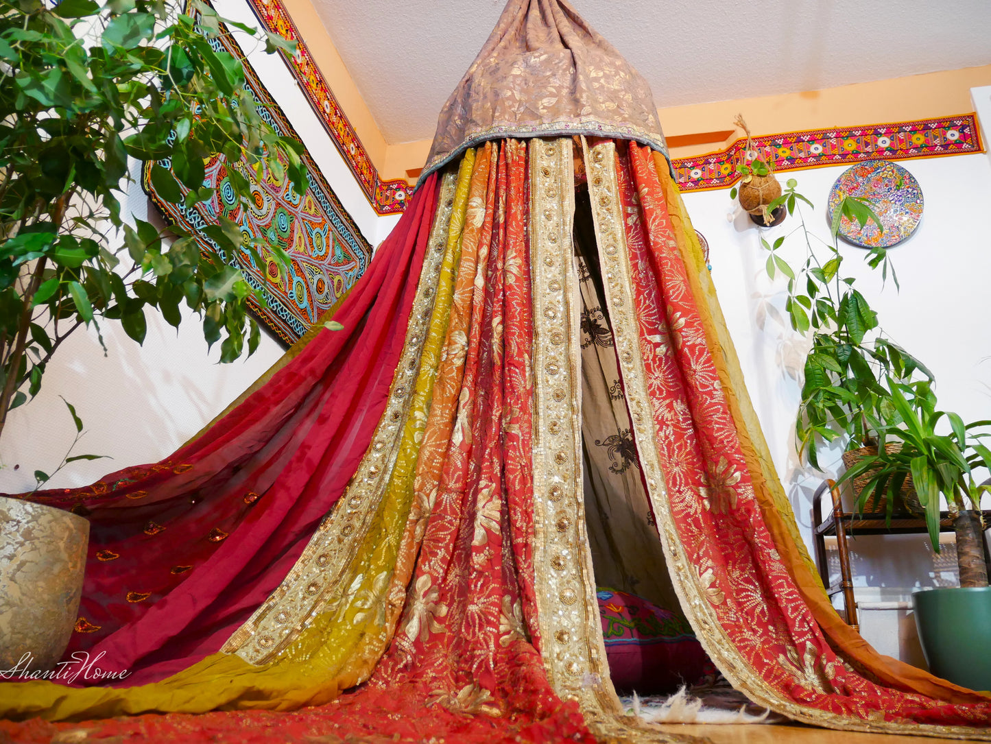 Boho canopy handmade Saree tent - bed canopy | bohemian wedding backdrop | Indian Hippie decor - floor seating area - The Shanti Home