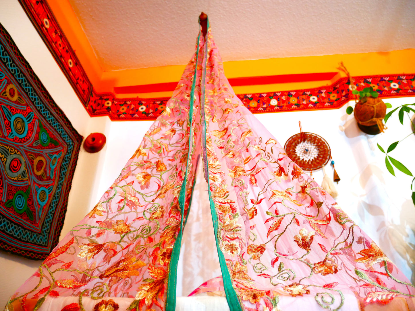 Baby Bed Canopy Kashmiri Crib Canopy Set Colorful Indian Saree Bed Curtain with Hand-Carved Walnut Curtain Rod Hippie Style Nursery Decor Baldachin - The Shanti Home