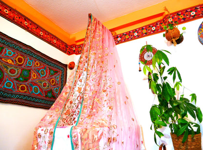 Baby Bed Canopy Kashmiri Crib Canopy Set Colorful Indian Saree Bed Curtain with Hand-Carved Walnut Curtain Rod Hippie Style Nursery Decor Baldachin - The Shanti Home