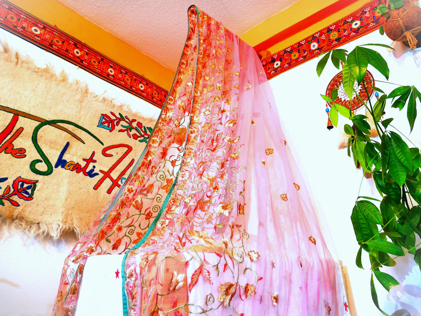 Baby Bed Canopy Kashmiri Crib Canopy Set Colorful Indian Saree Bed Curtain with Hand-Carved Walnut Curtain Rod Hippie Style Nursery Decor Baldachin - The Shanti Home