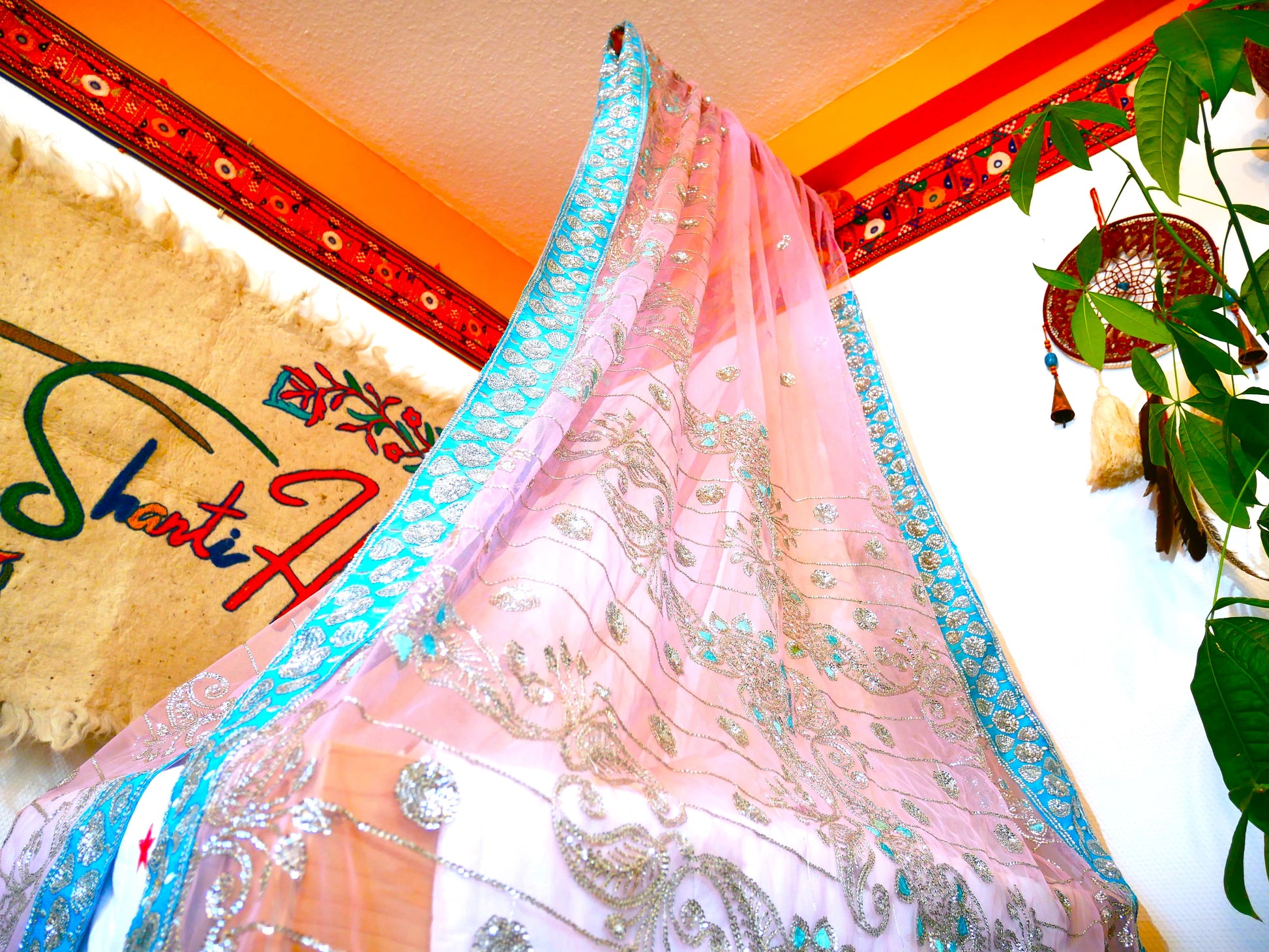 Baby Bed Canopy Kashmiri Crib Canopy Set Colorful Indian Saree Bed Curtain with Hand-Carved Walnut Curtain Rod Hippie Style Nursery Decor Baldachin - The Shanti Home