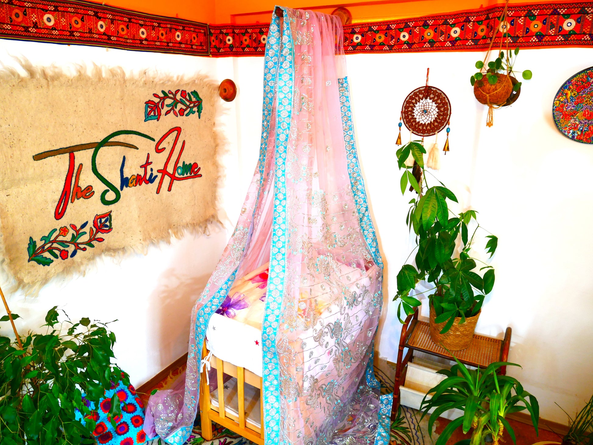 Baby Bed Canopy Kashmiri Crib Canopy Set Colorful Indian Saree Bed Curtain with Hand-Carved Walnut Curtain Rod Hippie Style Nursery Decor Baldachin - The Shanti Home