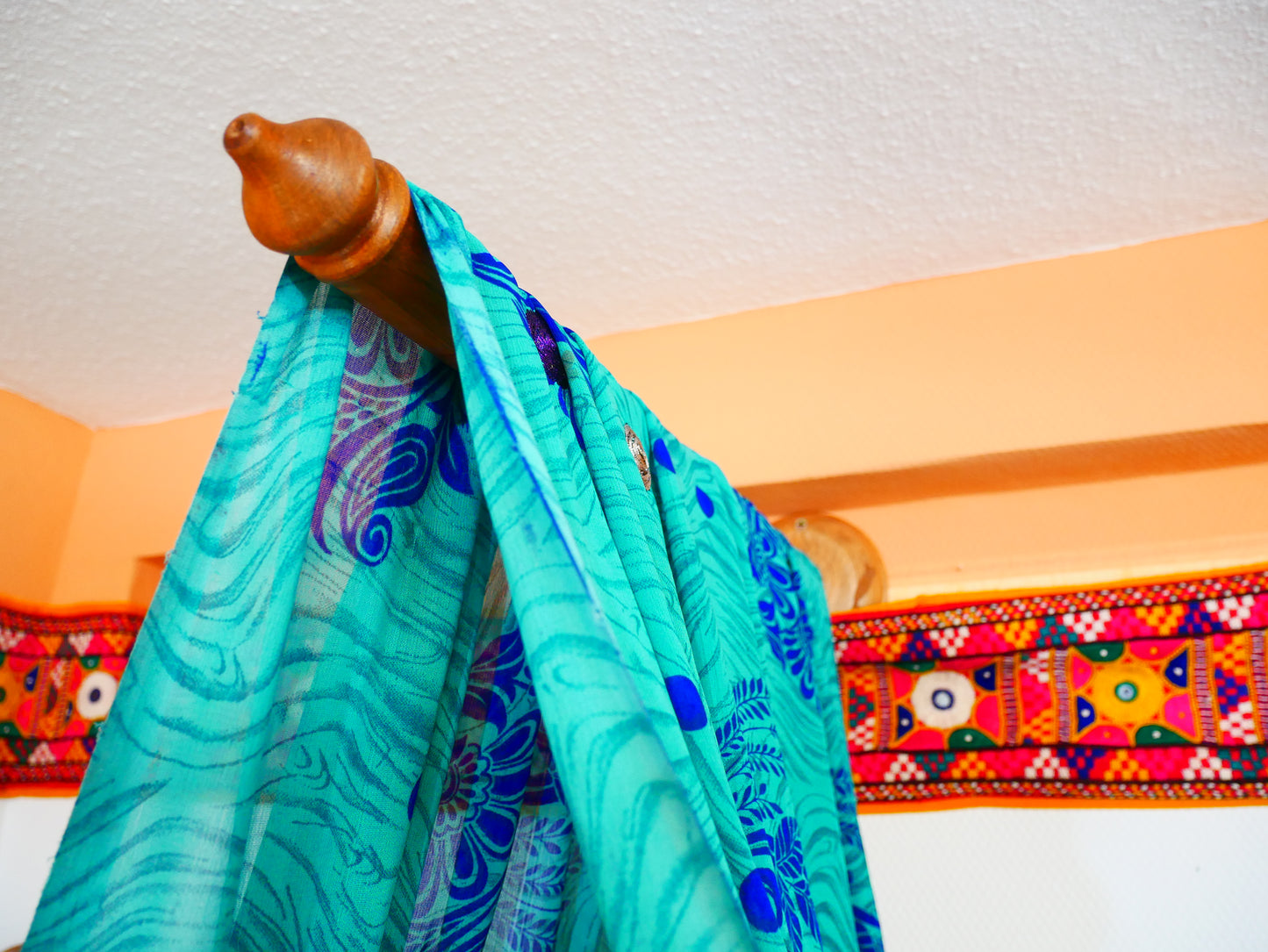 Boho Canopy Set with Walnut Wood Holder, Indian Saree Canopy, Embroidered Floor Pillow, Hippie Decor Set, Floor Seating - Meditation Space - The Shanti Home