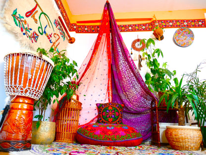 Boho Canopy Set with Walnut Wood Holder, Indian Saree Canopy, Embroidered Floor Pillow, Hippie Decor Set, Floor Seating - Meditation Space - The Shanti Home