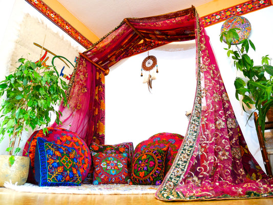 Saree Bed canopy - with handcrafted walnut wood rods and vintage Indian sarees - The Shanti Home