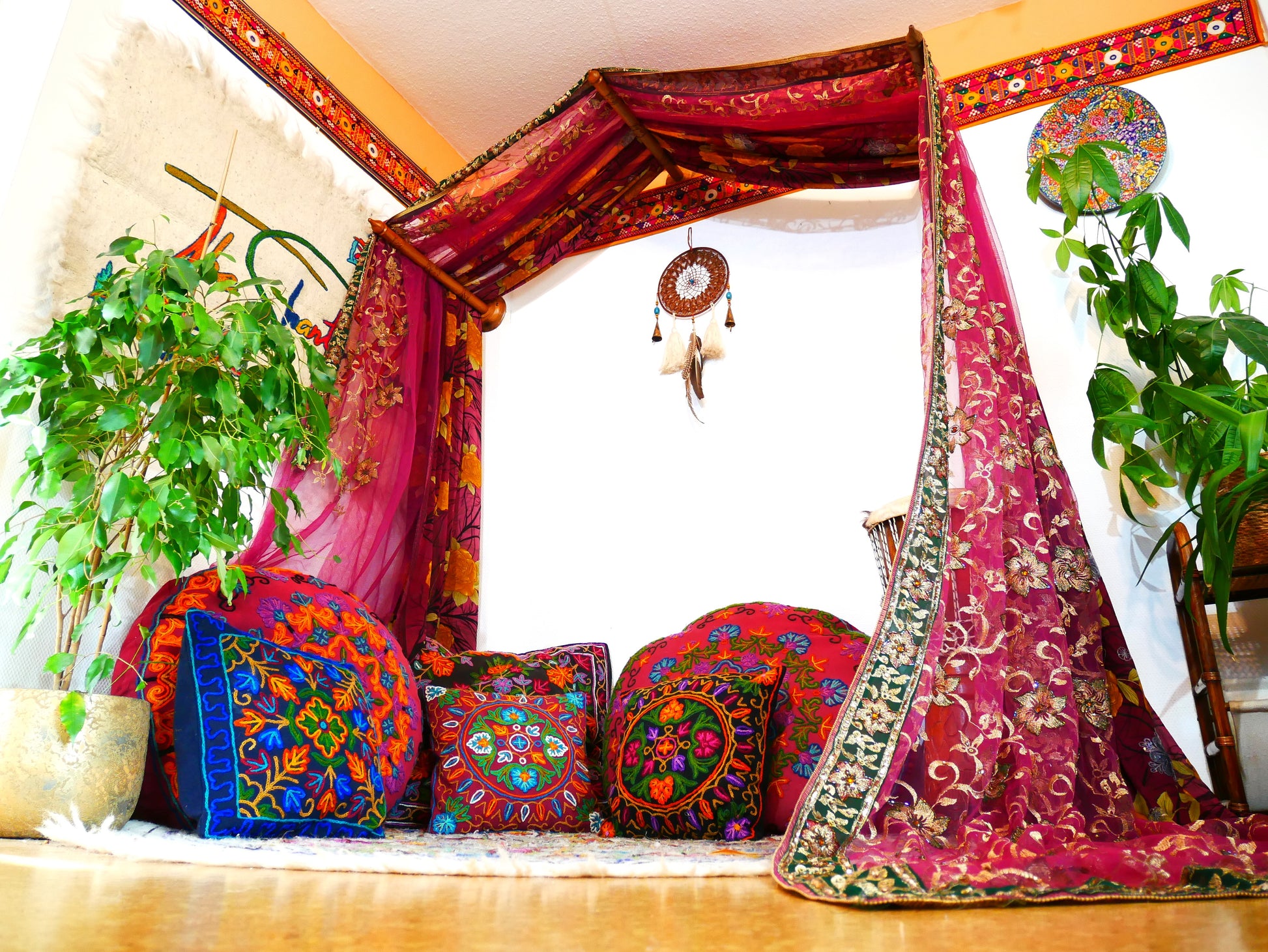 Saree Bed canopy - with handcrafted walnut wood rods and vintage Indian sarees - The Shanti Home