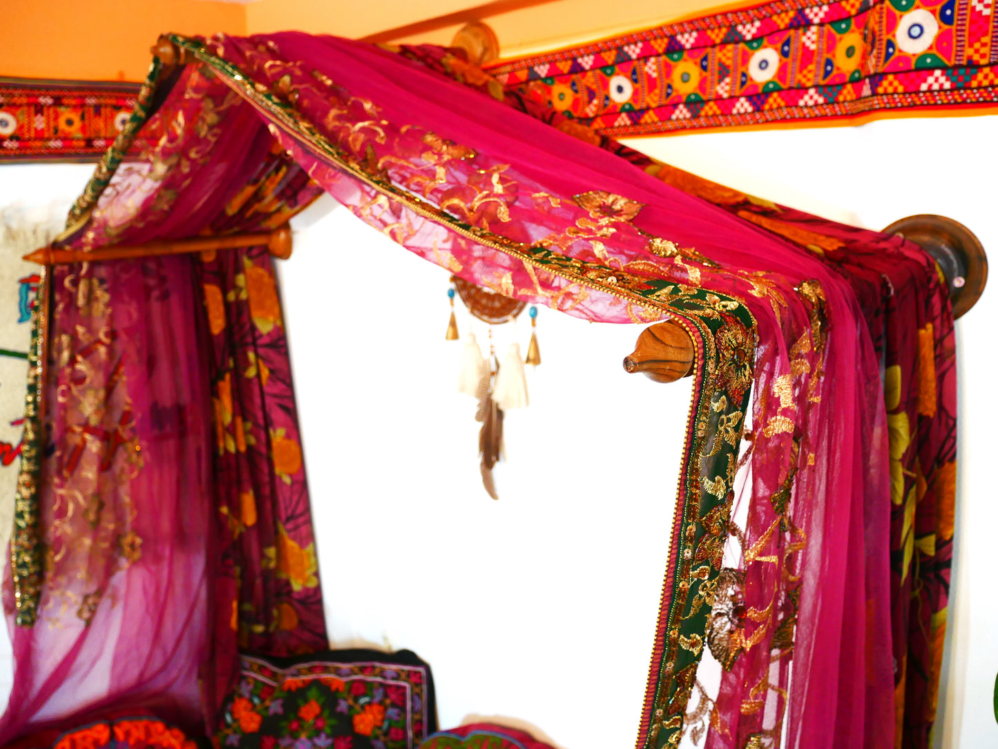 Saree Bed canopy - with handcrafted walnut wood rods and vintage Indian sarees - The Shanti Home