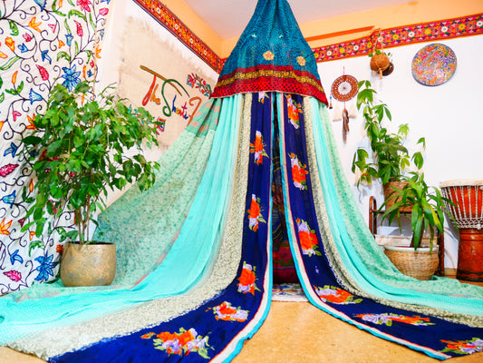 Boho canopy handmade Saree tent - bed canopy | bohemian wedding backdrop | Indian Hippie decor - floor seating area - The Shanti Home