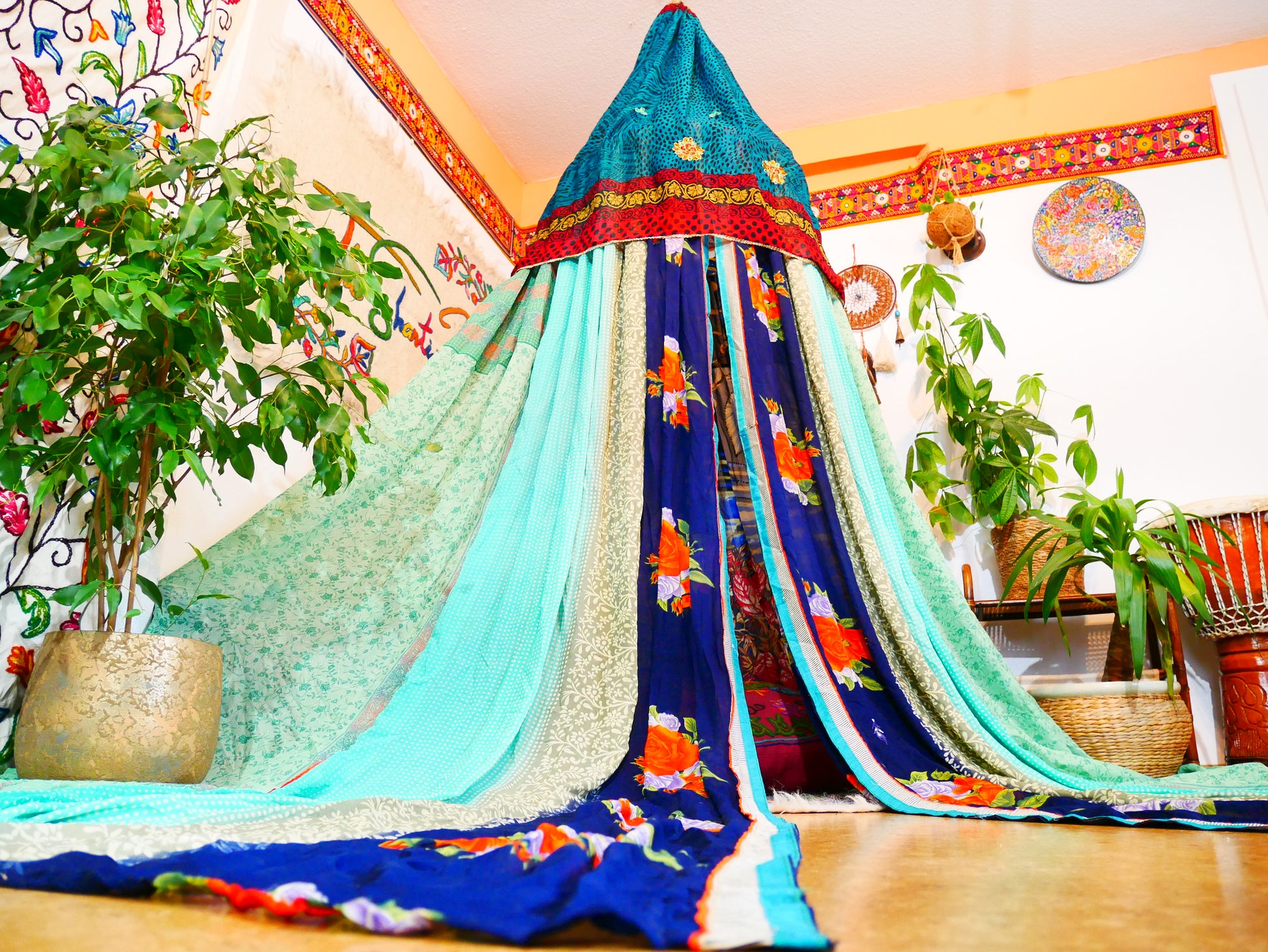 Boho canopy handmade Saree tent - bed canopy | bohemian wedding backdrop | Indian Hippie decor - floor seating area - The Shanti Home