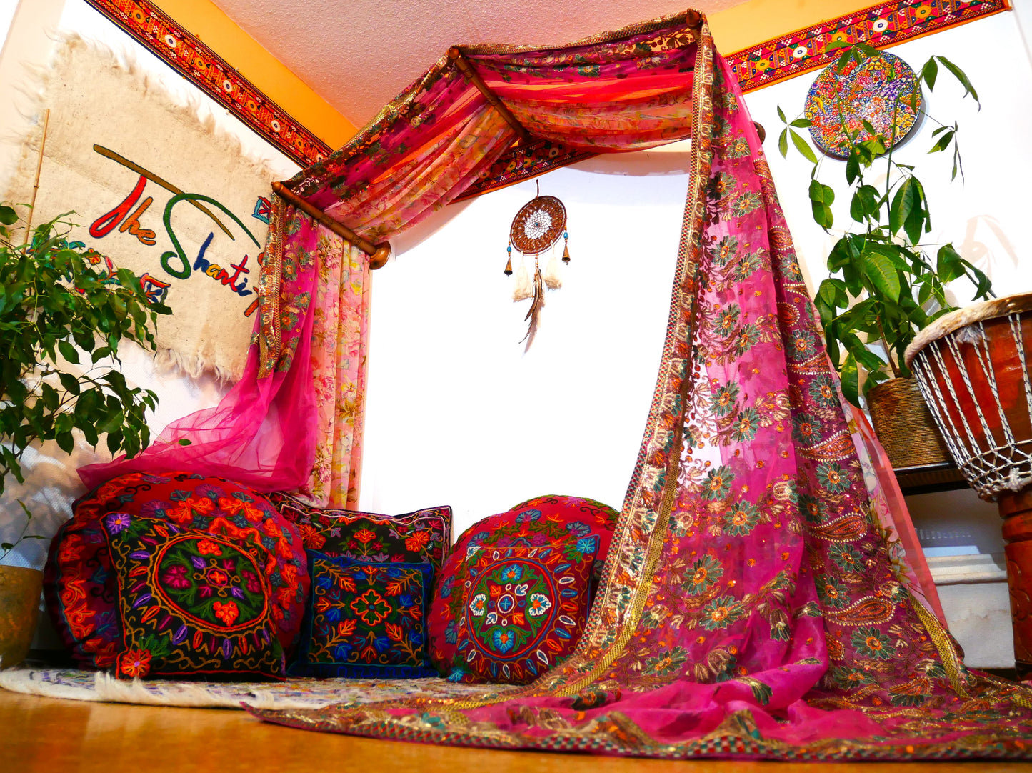 Saree Bed canopy - with handcrafted walnut wood rods and vintage Indian sarees