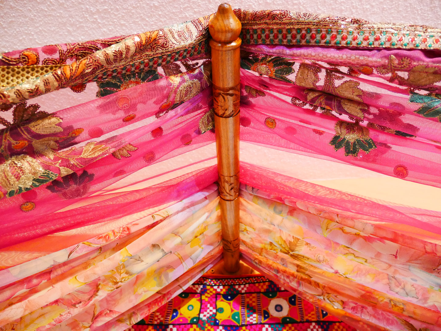 Saree Bed canopy - with handcrafted walnut wood rods and vintage Indian sarees