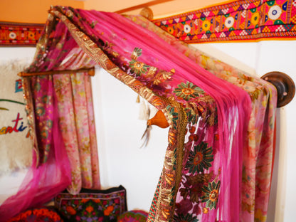 Saree Bed canopy - with handcrafted walnut wood rods and vintage Indian sarees