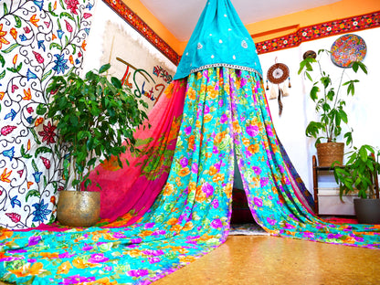 Saree canopy - indoor tent - bed canopy | bohemian wedding backdrop | Indian Hippie decor - floor seating area | meditation room - glamping