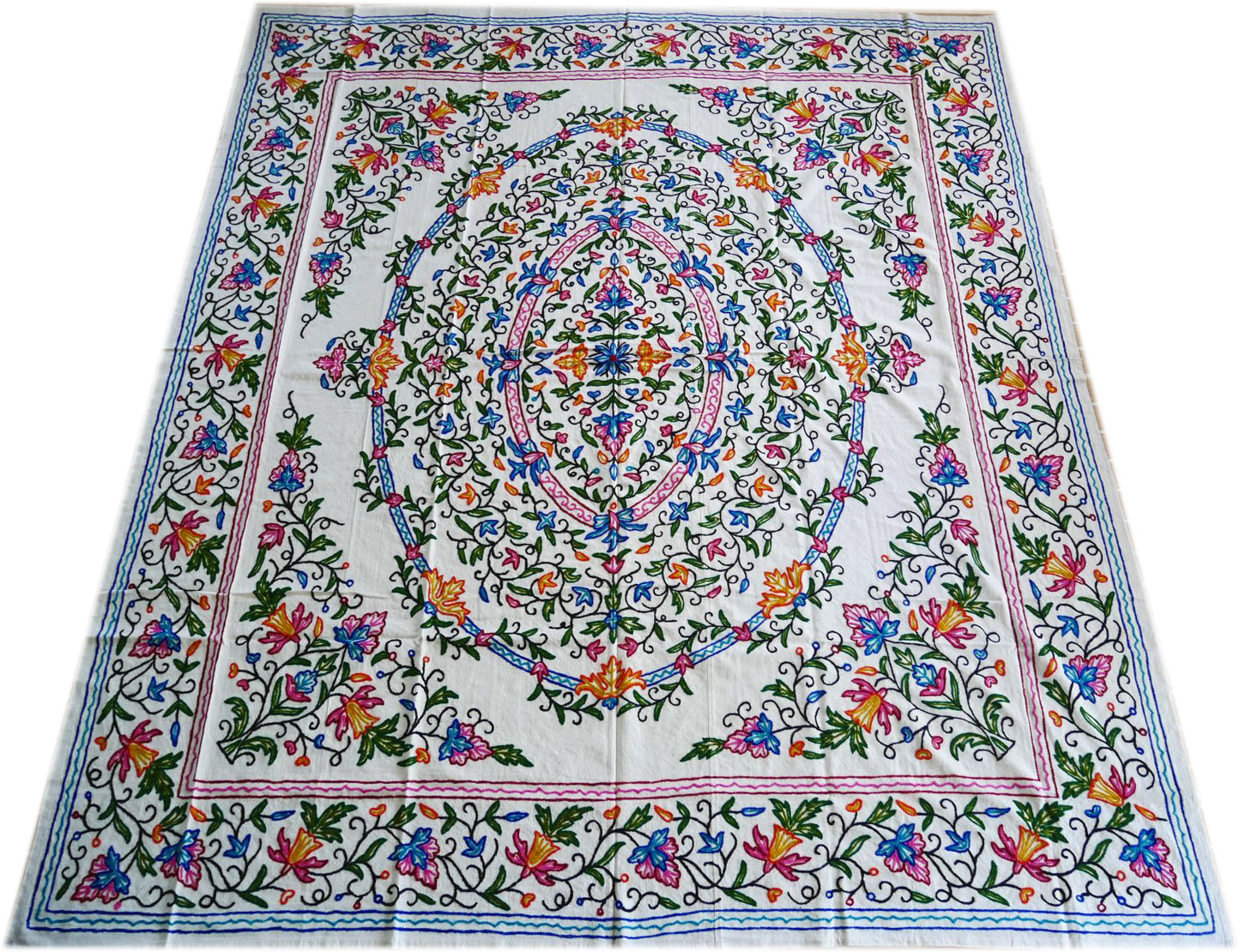 Hand embroidered Kashmiri bedspread - colorful crewel embroidery - large boho bed throw