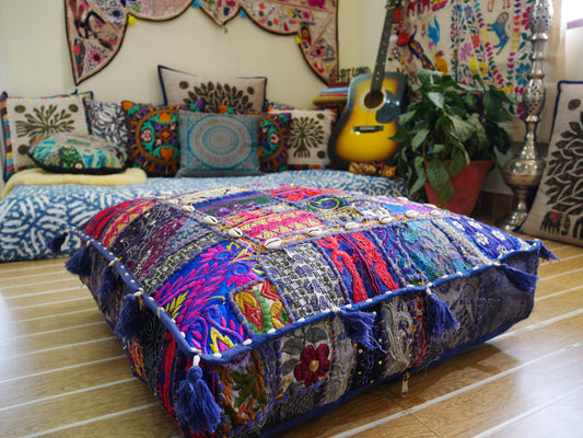 Large floor pillow bohemian patchwork floor cushion cover | Indian meditation cushion