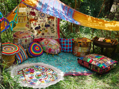 Hippie decor SET floor seating area - with decorative sarees, throw pillows and floor pillow covers | unique meditation room decor - The Shanti Home