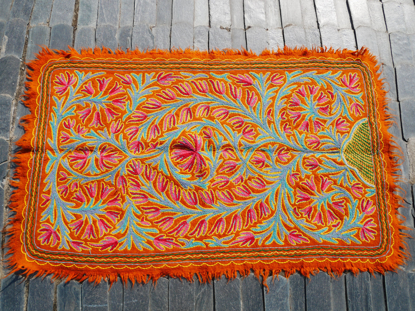 Wool area rug "Kashmir Garden" 6x4 | Flower and peacock embroidery hand felted Kashmiri "Namda"