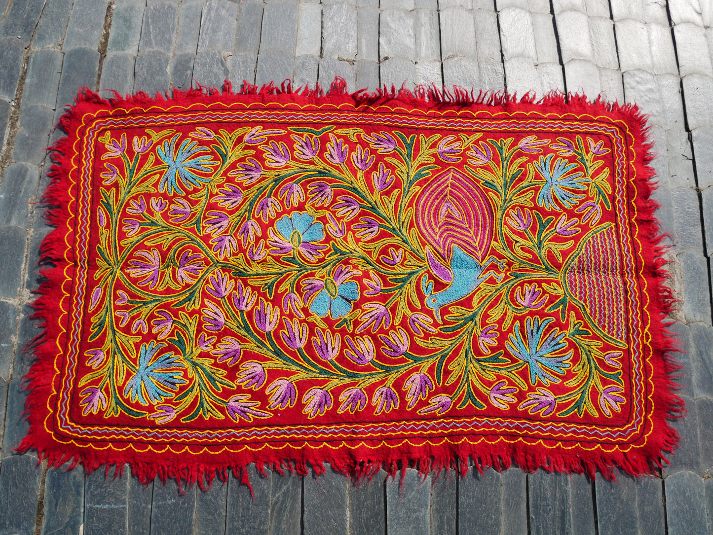 Wool area rug "Kashmir Garden" 6x4 | Flower and peacock embroidery hand felted Kashmiri "Namda"