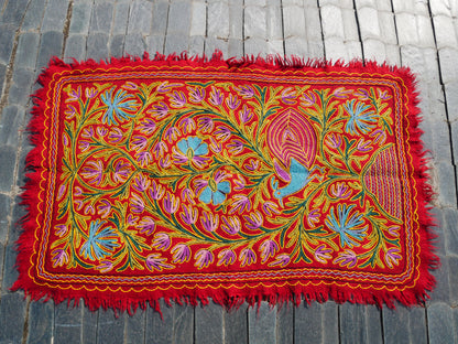 Wool area rug "Kashmir Garden" 6x4 | Flower and peacock embroidery hand felted Kashmiri "Namda"