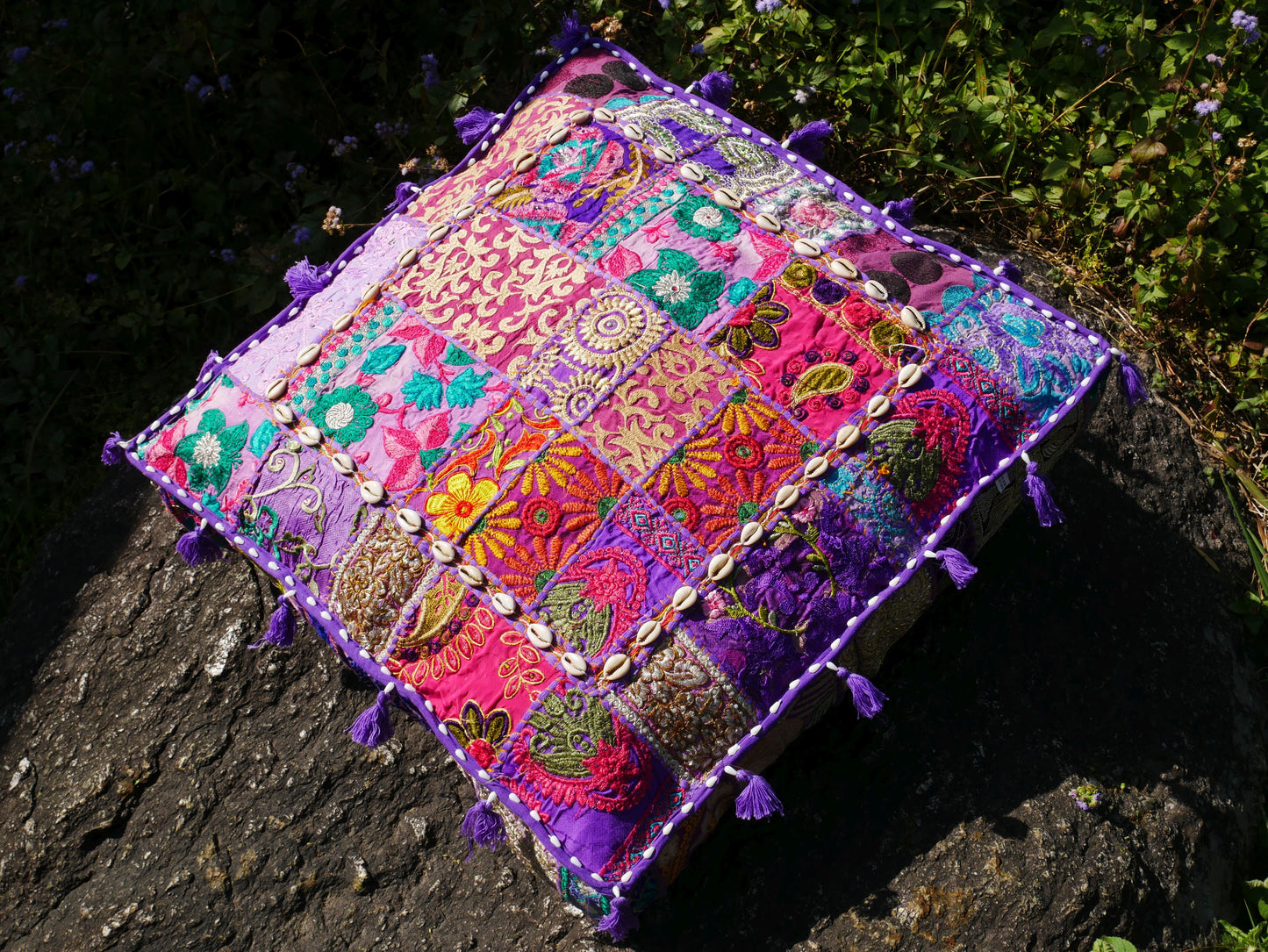 24" Floor pillow cover purple square pouf cushion - Indian style floor seating