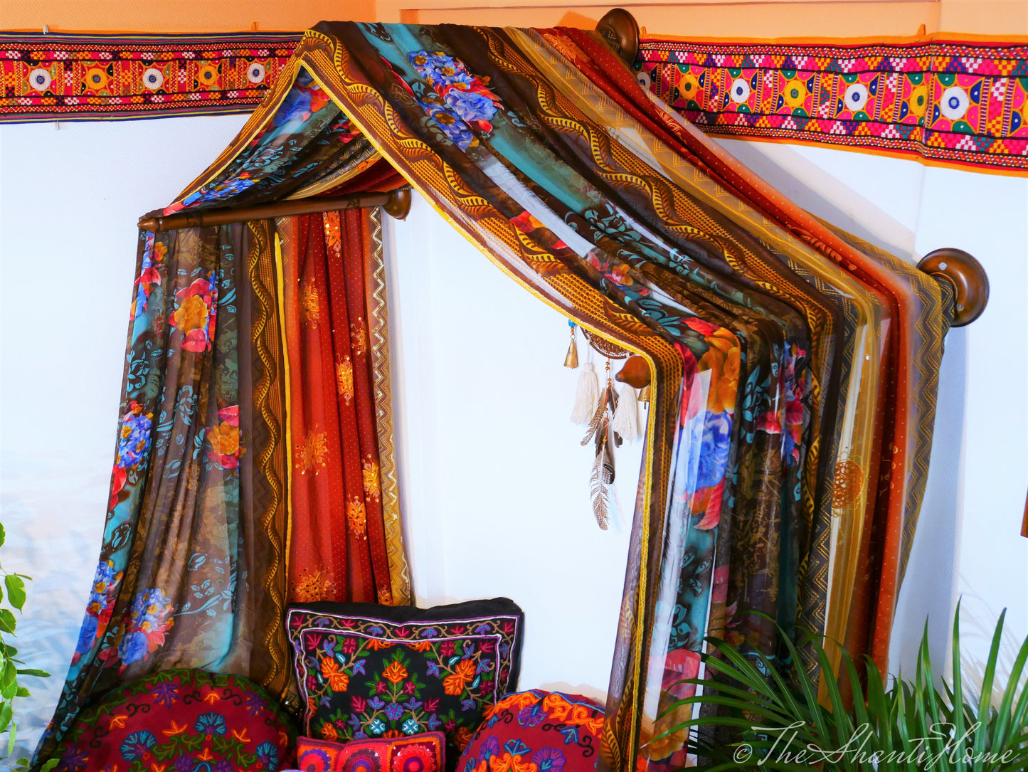 Boho bed canopy - custom made saree canopy frame with handcrafted walnut wood rods | bed curtains - meditation space